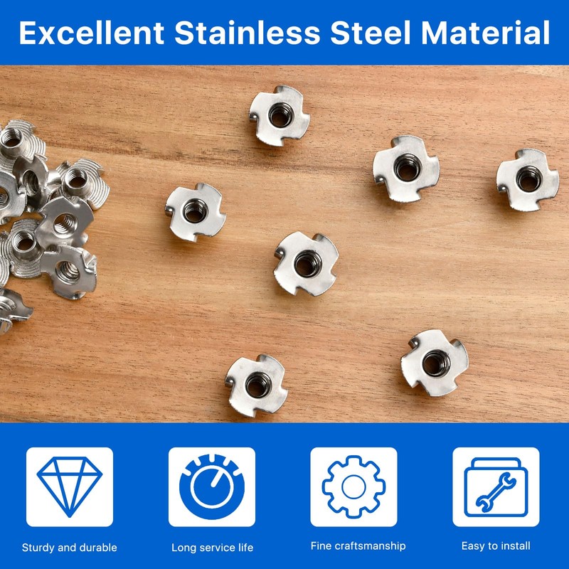 Akamino 100 Pack 1/4"-20 T-nut, 304 Stainless Steel Threaded Insert,
