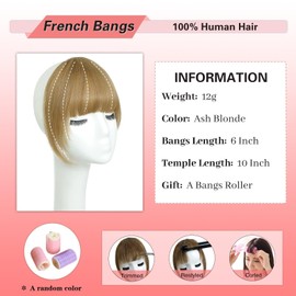 100% Human Hair Bangs Clip in Hair Extensions, Light Brown Clip on Bangs Wispy Bangs Fringe with Temples Hairpieces for Women Curved Bangs for Daily Wear (Ash Blonde, French Bangs)