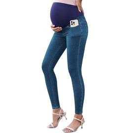 OUGES Womens 2025 Maternity Blue Jeans Over Belly Skinny Stretchy Mom Jeans Denim Comfy High Rise Jeggings Pregnancy Pants with Pockets Summer Maternity Clothes Leggings(Blue,L)