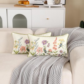 Tosleo Embroidered Throw Pillow Covers 12x20 inch Pack of 2 Vintage Birds with Flowers Farmhouse Pillow Cushion Cases Decorative Pillowcases Home Decor Square Floral Pillow Case