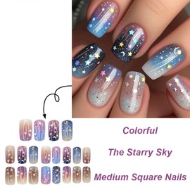Colorful Star Press on Nails Medium Square Fake Nails Glitter Gradient Starry Sky Glue on Nails Mirror Artificial Acrylic Nails for Women DIY Manicure
