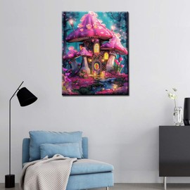 Pink Mushroom House Paint by Number for Adults Glowing Flowers DIY Paint by Number Acrylic on Canvas Easy Paint by Number for Adults Beginner 3D Cartoon Style Home Decor Gift 16 x 20in (Frameless)