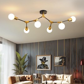Sheadea Modern Sputnik Semi Flush Mount Ceiling Light Fixture Gold and Black,Metal Mid Centur 6 Light Chandelier for Dining Room Bedroom Kitchen Hallway Foyer Living Room
