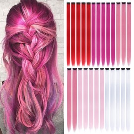 Colored Clip in Hair Extensions for Girls 25 pcs Straight Fashion Hairpieces for Party Highlights (5 warm colors,Red,Rose red,Peach red,Light Pink,White)
