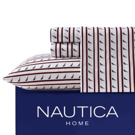 Nautica - Twin XL Sheet Set, Breathable & Cooling Microfiber Bedding with Matching Sham(s), Casual Home Decor (Striped J-Class Red, Twin XL)