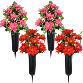 LaLamona Set of 4 Artificial Cemetery Flowers, Memorial Flowers Graveside Decoration with Vase for Mother's Day Memorial Day Arrangements (Red, 7Heads)