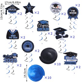 20pcs Graduation Party Decorations, Class of 2025 Congrats Grad Hanging Swirls Ceiling Streamers Ornaments for College Graduation Party Supplies (Blue, Black)