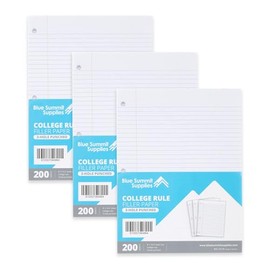 Blue Summit Loose Leaf Filler Paper, College Ruled Paper (8” x 10.5”), 200 sheets – Notebook Paper for Standard 3 Ring Binders, 200 Sheets per Pack (3 Packs)