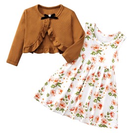 Toddler Girl Dress With Cardigan Clothes Set Kids Girls Long Sleeve Bolero Cardigan + Sundress Suit Kids Knitted Shrug Cropped Sweaters Tops Dress 2 Piece Ribbed Cardigan Dress Outfits