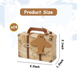 UgyDuky 24 PCS Mini Suitcase Gift Box, World Map Suitcase Favor Box, Vintage Kraft Paper Party Favor Candy Box with Kraft Tags and Burlap Twine for Wedding Travel Themed Party Decoration(Brown)