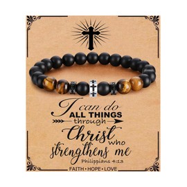 QWNHONEY Catholic Gifts Cross Bracelet for Men Father's Day Birthday Graduation Anniversary Christmas Christian Religous Black Nature Tiger Eyes Beads Inspirational for Man I Can Do All Things