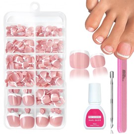 French Fake Toe Nails Set,120PCS Short Square French False Toenails Kit,White french Tip Pink Stick On Toenails,Glossy Full Cover Acrylic False Toe Nails For Women Girls Nail Art DIY Gift