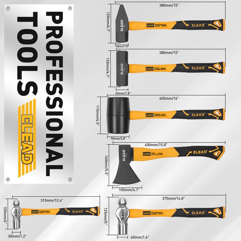 ELEAD 6-Piece Mallet Hammer Set, Fiberglass Handle Forge Steel Head,