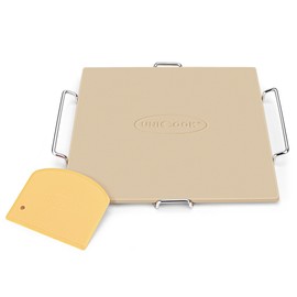 Unicook 12 Inch Square Pizza Stone for Oven and Grill, Oven Baking Stone for Bread, Cordierite Pizza Pan for Baking Crispy Pizzas, Bread and Cookies, Includes Carry Rack and Pizza Dough Scraper
