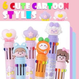 Multicolor Ballpoint Pen 0.7 mm, 10-in-1 Colored Pens Fine Point Retractable Cute Cartoon Ballpoint Pens for Office School Supplies Students Kids Gifts, 6 Pack