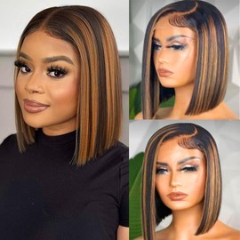 Straight Highlight Ombre Bob Wig Human Hair 4x4 Lace Front Wigs 1b/30 Colored Highlights Honey Blonde Lace Closure Wigs Glueless Pre Plucked Hairline 180% Density Bob Wigs for Women 12 Inch