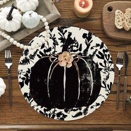 Artoid Mode Black Floral Pumpkin Round Fall Placemats Set of 4, 14 Inch Thanksgiving Round Table Mats for Dining Decoration