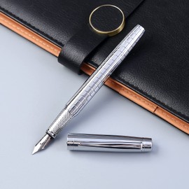 Facile Scriptum High-quality premium metal fountain pen with elegant faux leather case, ice silver model, perfect for writing and giving as a gift, icy silver