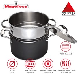 MAGEFESA Prisma – 7.9-inch Steam Pot with lid, made of 18/10 stainless steel, for all types of stovetops, including Induction, Dishwasher and Oven Safe up to 392ºF