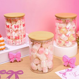 FYSUIMU 3Pcs Pink Bow Glass Storage Jars Assorted Trendy Bow Knot Clear Canisters Set with Airtight Lid for Wedding Home Kitchen Countertop Decor