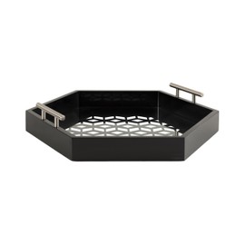 Kate and Laurel Caspen Cut Out Pattern Decorative Hexagon Tray with Silver Metal Handles, 16 x 18, Black and Silver, Modern Glam Serving Tray with Handles for Living Room Décor