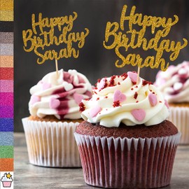 6X Personalised, Double Sided, Handmade Happy Birthday Glitter Cupcake Toppers by Cakeshop | Custom Colour Any Name 480gsm Glitter Cupcake Decorations | Blue