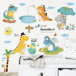 Cartoon Dinosaur Wall Decals Tyrannosaurus Rex Dinosaur Eggs Wall Stickers for Boy's Room Kids Baby Nursery Bedroom Playroom Living Room Wall Decor