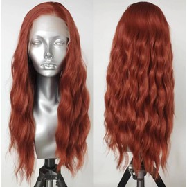 ELESTY Auburn Red Synthetic Lace Front Wigs Free Part Loose Wave Heat Resistant Natural Hairline Fiber Hair Glueless Lace Wigs for Women Daily Party Use 24Inch