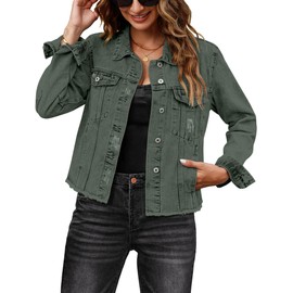 luvamia Summer Jacket Distressed Denim Women Denim Outfit Jeans Jacket for Women Fashion Army Green Small Fits Size 4 Size 6