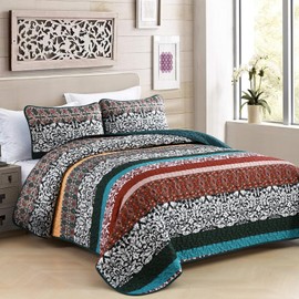 DJY Boho Quilt Set Queen Size, 3 Piece Bohemian Striped Revesible Bedspread Coverlet Set, Soft Microfiber Turquoise and RedPatchwork Pattern Bedding Quilts Set All Season, 96''x90''