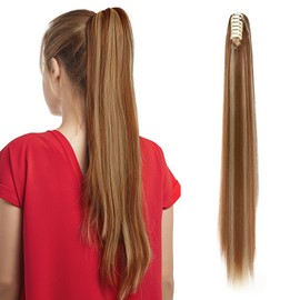 TESS Ponytail Clip Extensions, 66 cm Straight Ponytail Hairpiece, Light Brown with Ash Blonde Highlighted Hair Extensions for Braid, Synthetic for Women