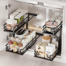 DREMAK Under Sink Organizer, 2 Pack Kitchen Bathroom Cabinet Organizer, 2 Tier Slide Pull Out Organizers and Storage for Bathroom Pantry Kitchen, Laundry Room Organization and Storage