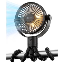 Coohea Stroller Fan with Lights, Detachable Flexible Tripod Clip on, Rechargeable Battery Powered, 3 Speeds Wind, 360° Rotatable, Small Portable Fan for Baby Car Backseat Crib Travel, Black