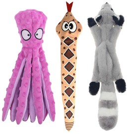 Squeaky Dog Toys for Small, Medium, and Large Pets, Cute Interactive Plush Dog Chew Toys, Purple Octopus. Brown Snake and Raccoon, 3 Pack