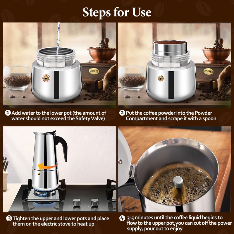 Vaolvpant 2 Cup Stainless Steel Moka Pot Stovetop Espresso Maker
