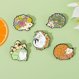 Cute Frog Hedgehogs Cat Enamel Pin Set 5PCs Lapel Pins Brooches Cartoon Animal Plant Flower Floral Brooch Badge Collar Lapel Pins for Clothes Bags Jacket Backpack Decor Jewelry Gift for Women Girls