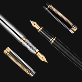 KEYZOR Black Fountain Pen Set, Elegant Fountain Pen with 24 K Gold-Plated Fine Nib, Ink Refill Converter, Best Gift for Men and Women, Managers, Executives | Gift Box