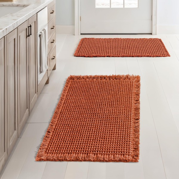MIULEE Fall Orange Set of 2 Waffle Bathroom Rugs, Boho
