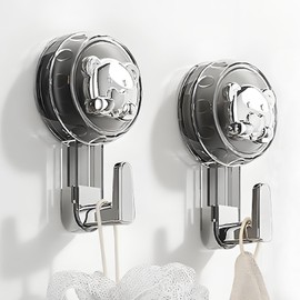 ATEWEITA Towel Hooks, No Drilling, Extra Strong Suction Cup Hook, 62 mm Reusable Bathroom Suction Towel Hooks for Bathroom, Kitchen, Camping & Car (Grey/Silver (Bears & Hooks), 2)