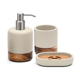 Lunavita Bathroom Accessories Set 3 Piece Bath Ensemble Includes Soap Dispenser, Tumbler, Dish for Decorative Countertop & Housewarming Gift (Concrete with Acacia Wood)