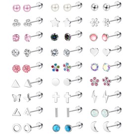 JeweBella 27Pairs Small Silver Earrings for Women Girls Kids Flat Back Earrings Hypoallergenic Surgical Steel Earrings Flower Butterfly CZ Pearl Screw Back Earrings Cartilage Sleeper Stud Earrings Set