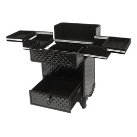 Rolling Makeup Case, Storage Sliding Drawer 4 Tray Makeup Travel Case Professional Cosmetic Trolley Large Storage with 3 Keys Salon Barber Case Traveling Cart Trunk for Hairstylists Nail Tech (Black)