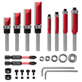 Pack of 10 Flush Cutters 8 mm with 2 Impact Magnetic Bits, 8 mm Shank Flush Cutter, 6 Bearings, 2 Wrenches, Copy Cutter 8 mm, Wood Cutter for Router Carbide Woodworking Cutter Sets