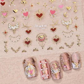 1 Sheet Heart Nail Art Stickers Decals Self-Adhesive Star Nail Decals Gold 5D Embossed Gold Moon Nail Stickers Applique Designs Cute Pink Nail Art Decor for Women DIY Manicure Supplies