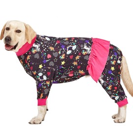LovinPet Large Breed Dog Pajamas, Wound Care/Post Surgery Recovery Shirt for Large Dogs, Unicorn and Rainbow Black Print, Stop Shedding for Dogs, Pitbull Clothes, Bodysuit Dog Jammies, 2XL