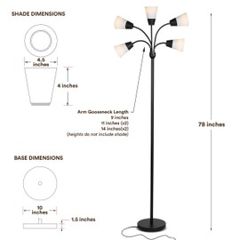 Brightech Medusa Modern LED Floor Lamp – Contemporary Multi Head Standing Reading Lamp for Living Room, Bedroom, Kids Room - Includes 5 LED Bulbs and 5 White & Colored Interchangeable Shades – Black