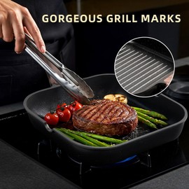 Kikcoin Nonstick Grill Pan for Indoor Cooking，9.5 Inch Versatile Griddle for Stove Tops Steak Pan with Pour Spouts