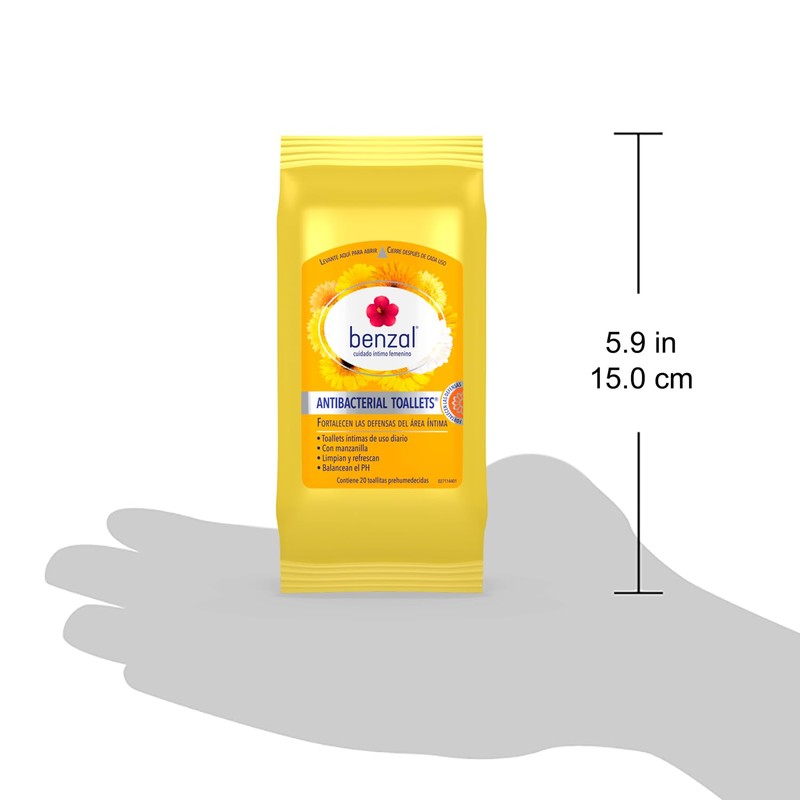 Benzal Toallets, Toallitas Humedas Íntimas, Manzanilla, Antibacterial, Paquete De 20