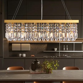 WECHAET Modern Crystal Chandeliers for Dining Room Light Fixture, 6-Light Gold Rectangle Chandelier for Kitchen Living Room Island Bar Bedroom, L31.5 Inch