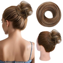 Hairro Messy Bun Human Hair Piece for Women, Mixed Medium Brown & Blonde 100% Real Human Hair Extensions Fake Updo Scrunchies Donut Bun Hairpiece